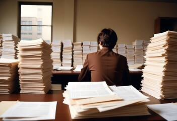 Stack of paper in office. Busy work, high pressure, work. Study. 