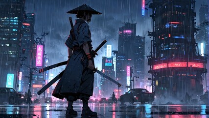 A prominent samurai standing in a cyberpunk city full of skyscrapers and beautiful neon lights.