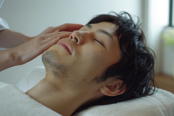 Fototapeta premium Asian man lying on massage table in spa salon,relaxing with eyes closed.