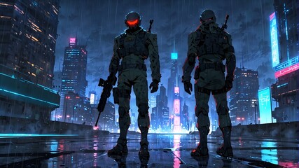 Full-armored stealth snipers holding rifles in a cyberpunk city full of skyscrapers and neon lights.