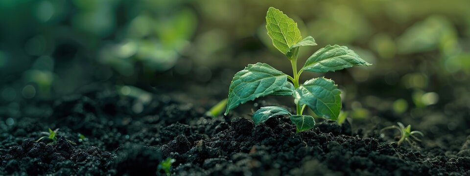 Young green plant growing in the soil with sunlight. Nature background. Earth Day concept.