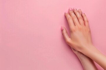 Female hand with pink painted nails on pink background.