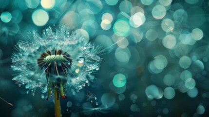 Beautiful shiny dew water drop on dandelion seed in nature. Close-up macro. Sparkling bokeh. Dark blue green background. water. Illustrations