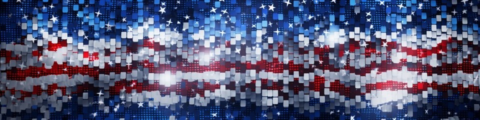 USA flag inspired backdrop with a blend of stars and stripe patterns, creating a mosaic effect for Independence Day, banner