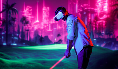 Caucasian man playing golf in metaverse while wearing VR goggles to enter simulated virtual world....