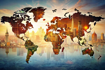 world with city town backgroundar city and graph with bokeh light and global world map