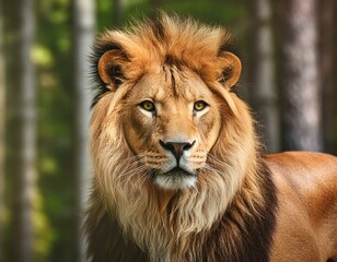 Obraz premium A lion in a green forest background