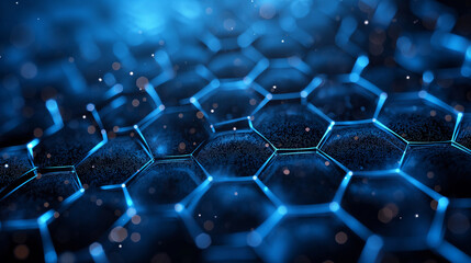 Obraz premium Hexagons pattern blue background. Genetic research, molecular structure. Chemical engineering. Concept of innovation technology. Used for design healthcare, science and medicine background.