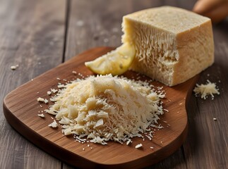 Grated parmesan cheese on a wooden board. White, bright and clean background.
