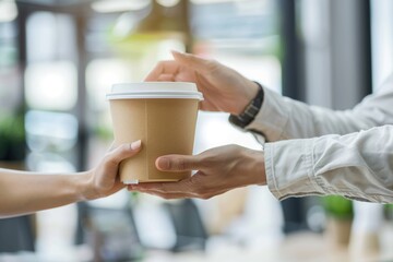 Businessman and businesswoman exchanging large coffee cup at work.