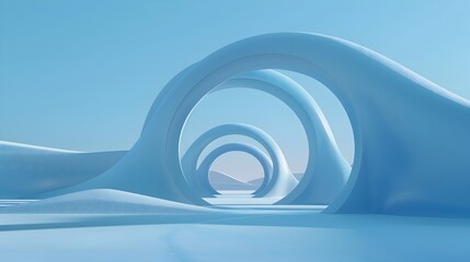 Flowing Architectural Abstract Spiral Tunnel Visualisation in Minimalist Blue Shades