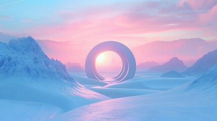 Mystical Portal in Frozen Landscape at Sunset by Serene Lake