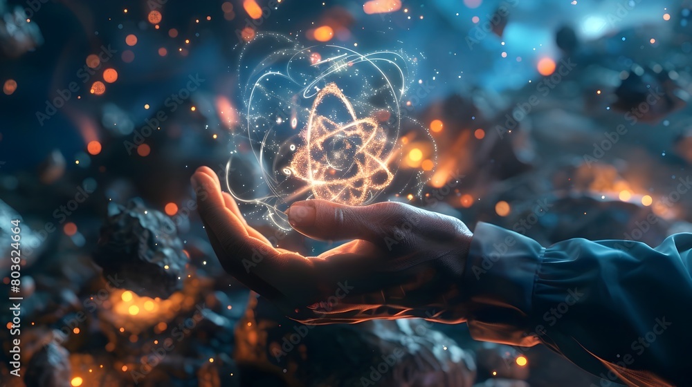 Poster scientist s hand holding glowing atomic particle in laboratory setting