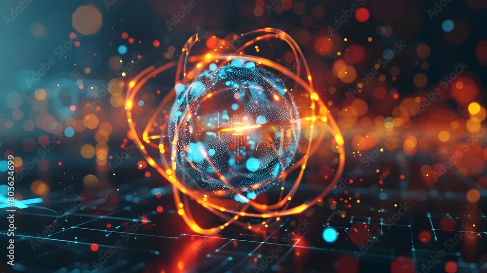Poster chaotic subatomic particle simulation glowing sphere radiant digital energy techno abstract visualiz