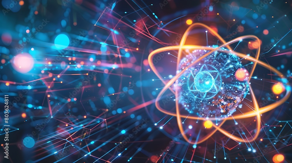 Poster glowing atomic particle collision in a complex digital landscape of science and technology