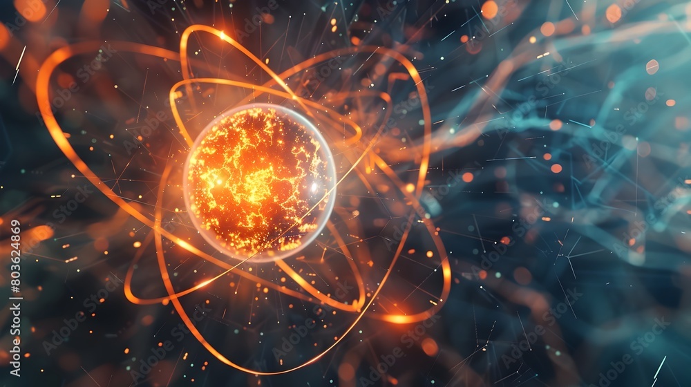 Poster glowing atomic particle burst in vibrant abstract energy field