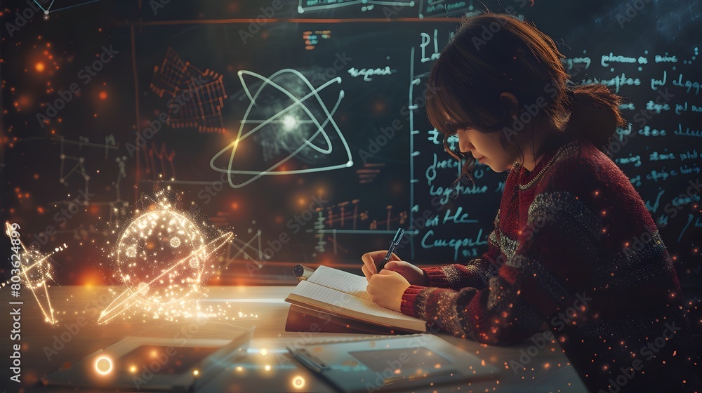 Poster scientist studying atomic structure and physics formulas in laboratory classroom
