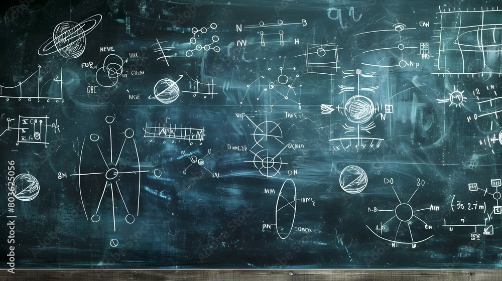 Aufkleber theoretical physics diagrams and formulas on chalkboard in university classroom