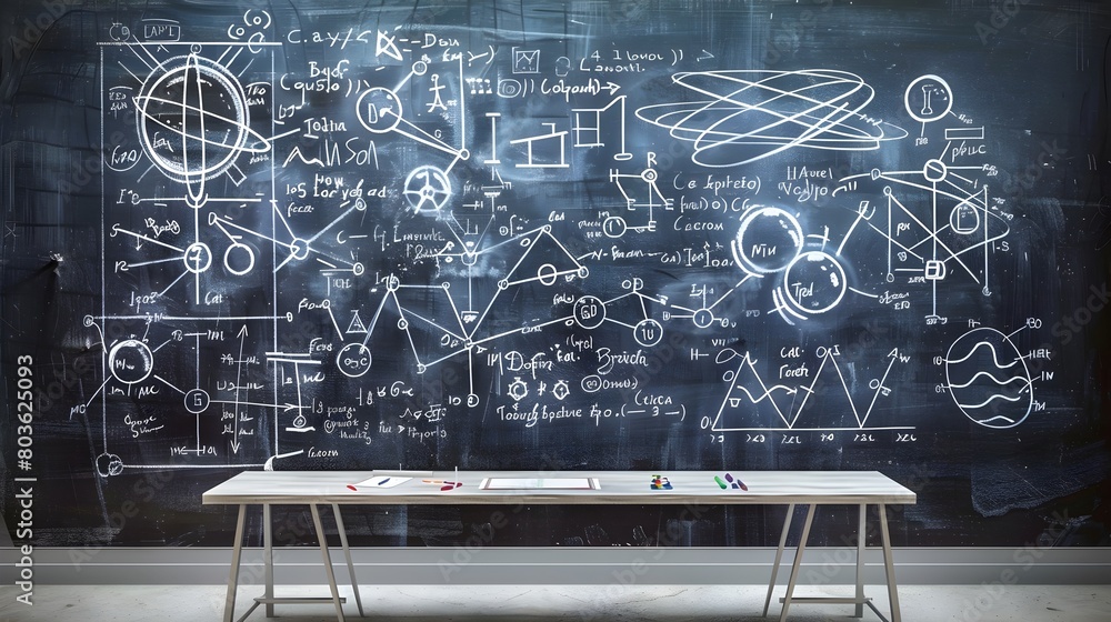Poster intricate blackboard of scientific formulas diagrams and symbols representing knowledge research and