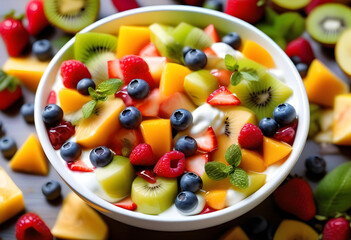 A bowl of colorful fruit salad with a dollop of yogurt on top and a blurred background of fruit and...