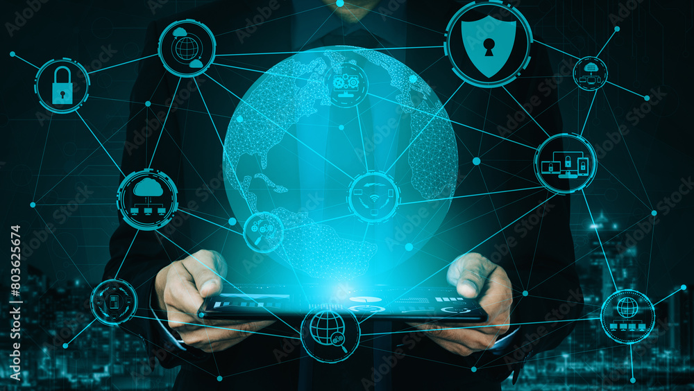 Poster cyber security and digital data protection concept. icon interface showing secure firewall technolog