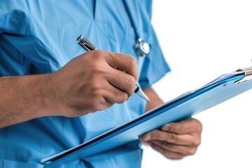 close-up of a doctor writing on a clipboard with a stethoscope
