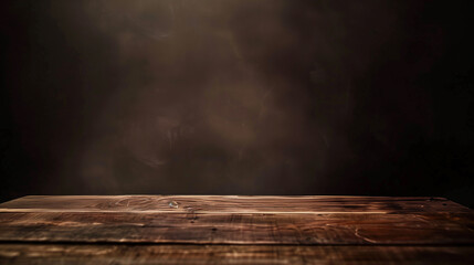 A wooden table with a black background. The table is empty and has a wooden top. The background is dark and has a rough texture. The scene is simple and minimalistic