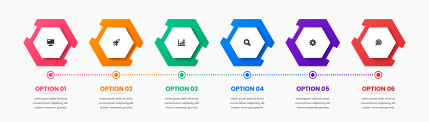 Vector Business Infographic Template with Hexagon Label, Colorful, Icon and 6 Option. Suitable for Process Diagram, Presentations, Workflow Layout, Banner, Flow Chart, Infographic.