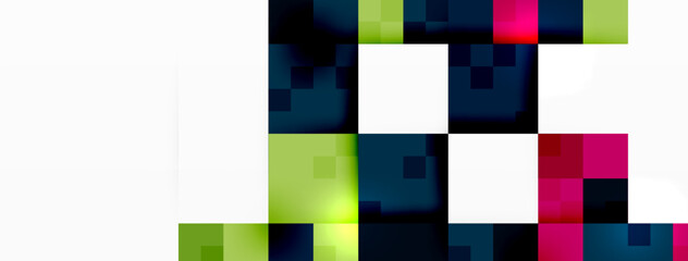 The letter L is depicted using colorful squares in a plaid pattern on a white background. The art features a vibrant mix of magenta and electric blue, creating a symmetrical and eyecatching design