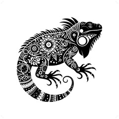 iguana reptile silhouette in bohemian, boho, nature illustration