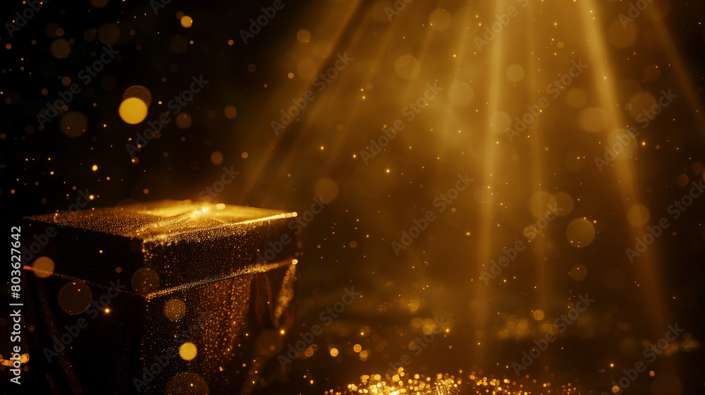 Poster a box with a golden object inside is lit by sunlight, creating a warm and inviting atmosphere. the g