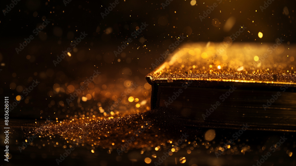 Poster a box with a golden object inside is lit by sunlight, creating a warm and inviting atmosphere. the g