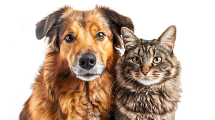 A dog and a cat pose together, looking directly at the camera against a white background ,