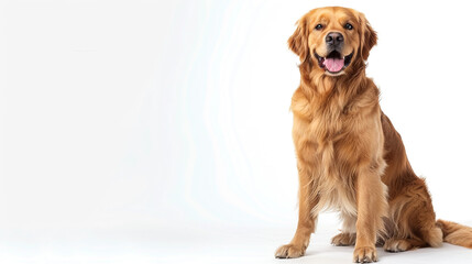 A happy Golden Retriever dog sits and pants while looking at the camera, isolated against a white background ,