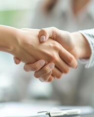 Closeup of business people shaking hands in office. Successful partnership concept.