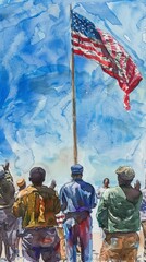 Watercolor illustration, Juneteenth flag raising ceremony, African American flag being hoisted, community members saluting, symbolic and respectful, clear blue sky background
