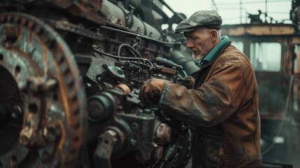 Plant mechanic working on a tractor engine