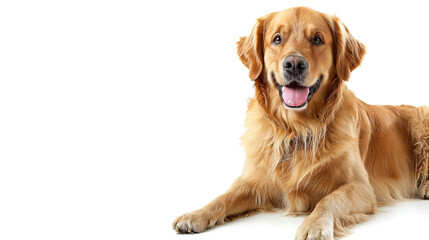 A happy Golden Retriever dog sits and pants while looking at the camera, isolated against a white background ,