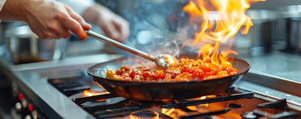 A chef is cooking food in a pan on a stove