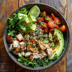 A bowl of food with chicken, avocado, tomatoes, and lettuce