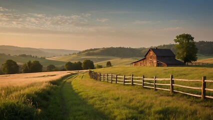 landscape with a barn Golden Countryside Tranquil Sunset Over Rural Landscape