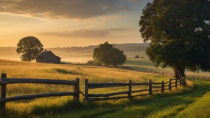 Obraz premium sunset in the field Golden Countryside Tranquil Sunset Over Rural Landscape