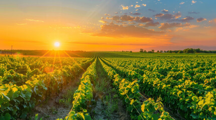 Naklejka premium Sunset, solar panels in the field of vegetables, photovoltaic power plants, high definition photography, bright colors