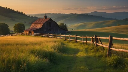 barn in the mountains Golden Countryside Tranquil Sunset Over Rural Landscape