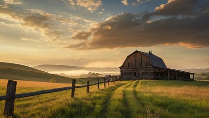 sunset in the mountains Golden Countryside Tranquil Sunset Over Rural Landscape