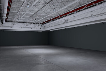 Empty hall exhibition centre.The backdrop for exhibition stands, booth,market,trade show.Conversation for activity,meeting.Arena for entertainment,event,sports.Indoor  for Factory,showroom.3d render.