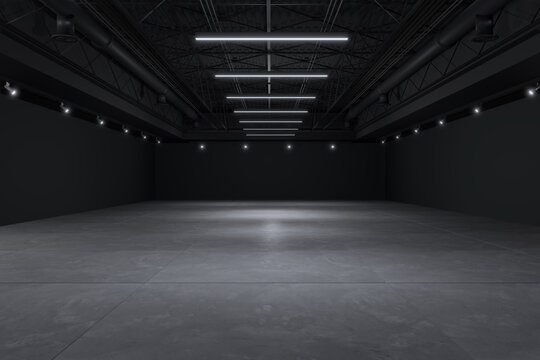 Empty hall exhibition centre.The backdrop for exhibition stands, booth,market,trade show.Conversation for activity,meeting.Arena for entertainment,event,sports.Indoor  for Factory,showroom.3d render.