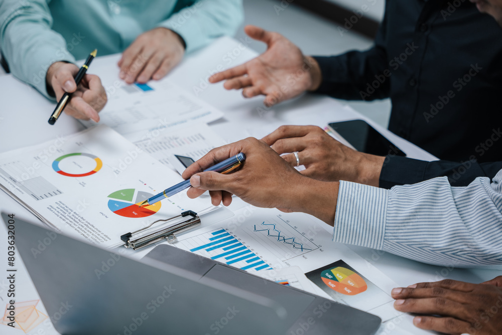 Poster close up of hand teamwork business group are meeting working and brainstorming about business financ