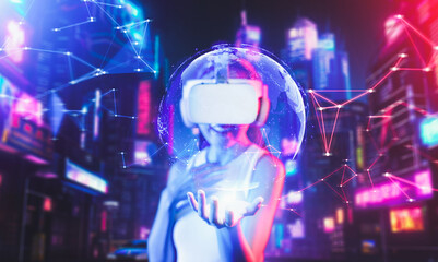 Female standing in virtual cyberpunk style building wear VR headset connecting metaverse, future...