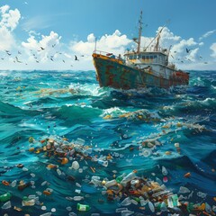 A boat is in the ocean with a lot of trash floating around it